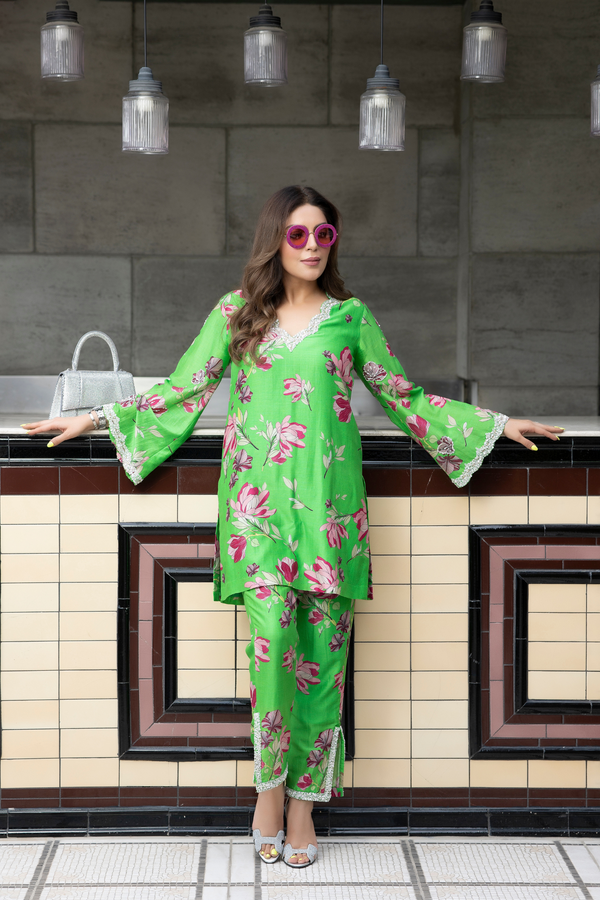 PJ-21-GREEN PRINTED A-LINE TUNIC WITH PANTS