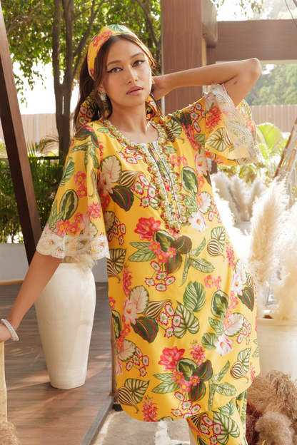 PJ16 YELLOW PRINTED KURTA WITH PANTS