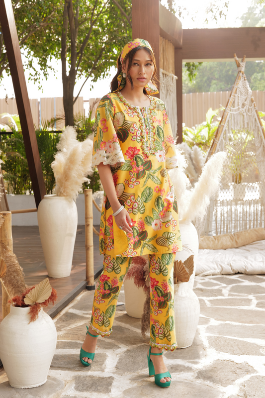 PJ16 YELLOW PRINTED KURTA WITH PANTS